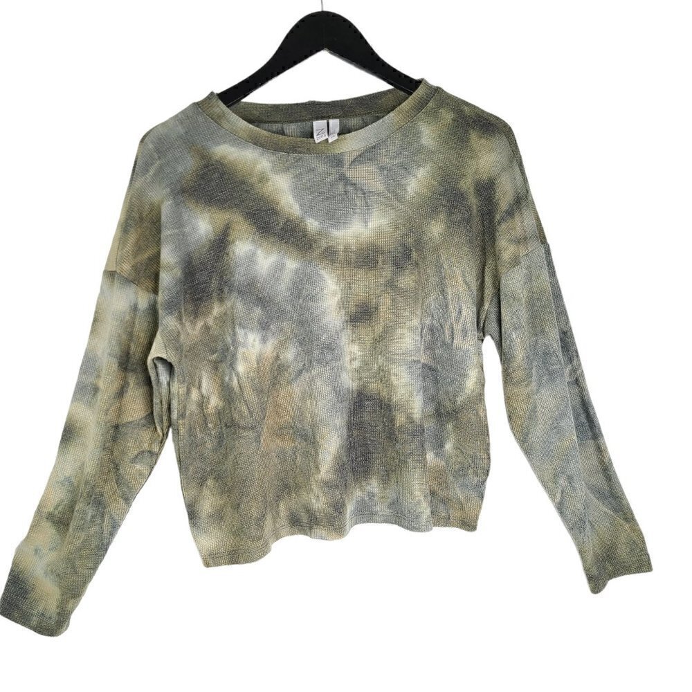 Zella Army Green Tie Dye Long Sleeve Waffle Knit Crop Sweater Top Distressed